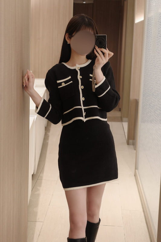 バイカラーニットカーデ＋ワンピセット